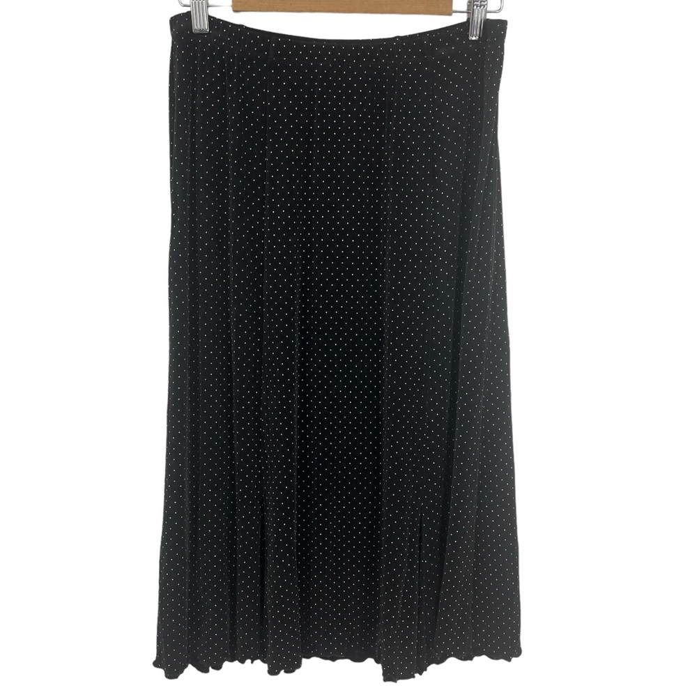 Chicos Travelers Skirt 2 Womens Large Size 12 Black Stretch Midi White Polka Dot